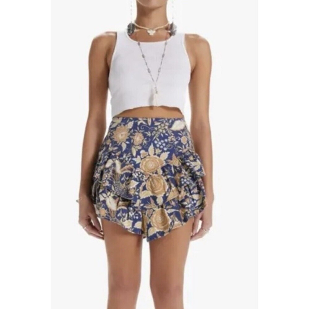 MOTHER The Ruffle Mini Skirt Women Size 27 Floral Navy Tiered Zip